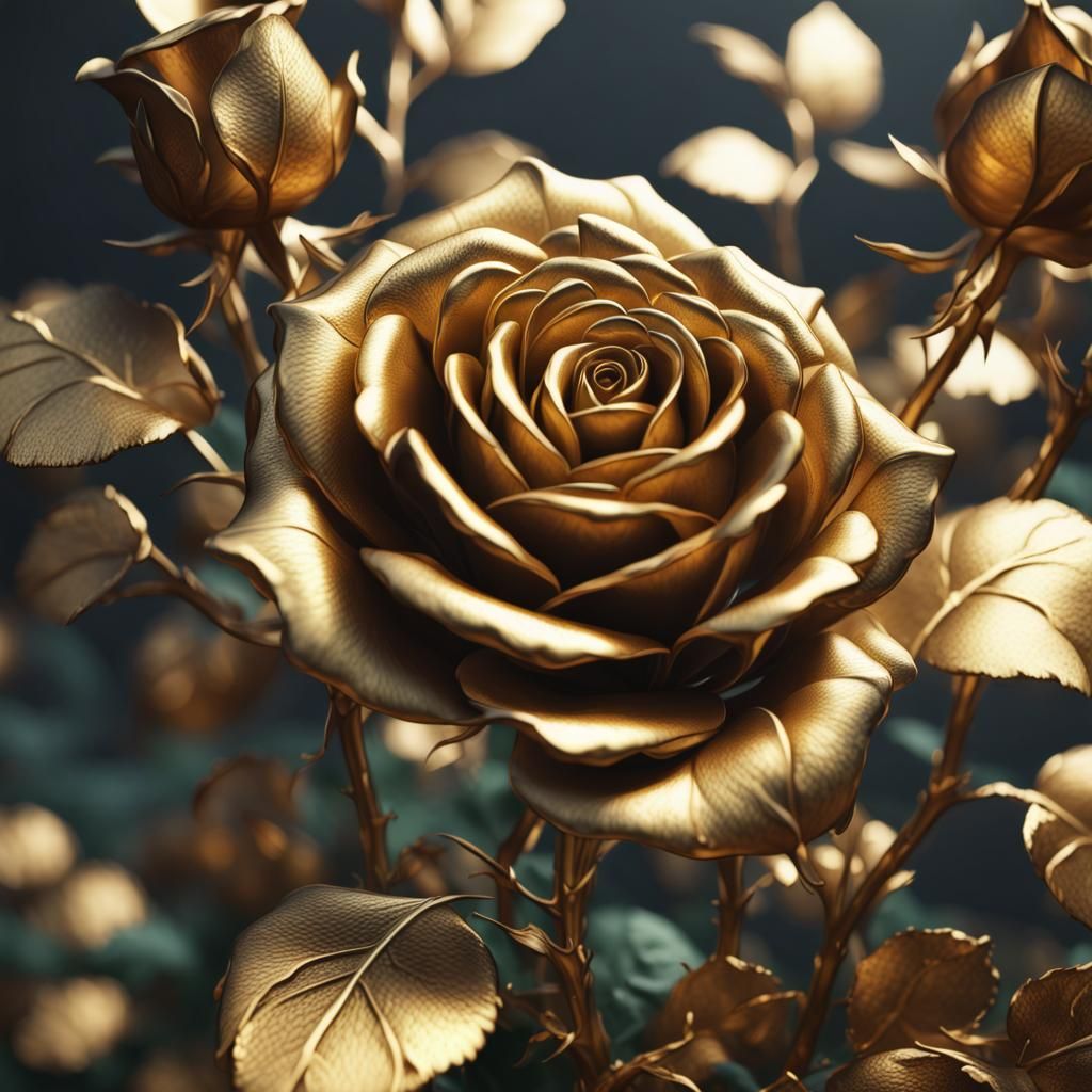 Gold Metal Rose Bush in Detailed Matte Painting