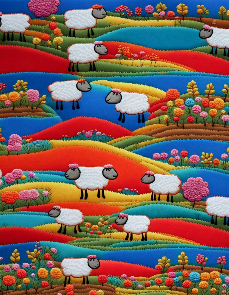 Embroidered Sheepfold in Vibrant Imperial Colors