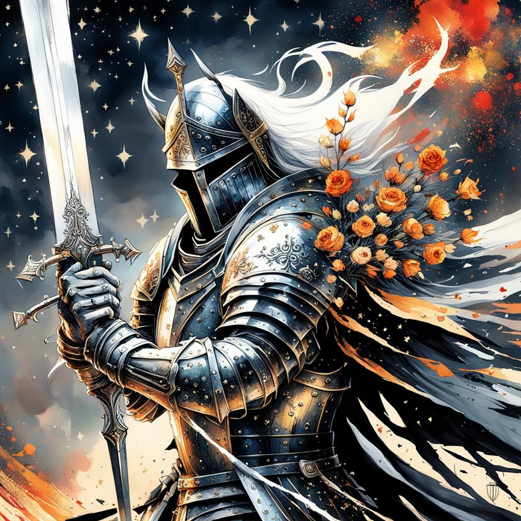 Gothic Knight with Enchanted Sword Watercolor