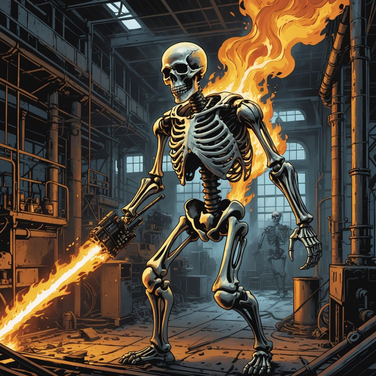 Flaming Skeleton in Factory, Comic Book Art