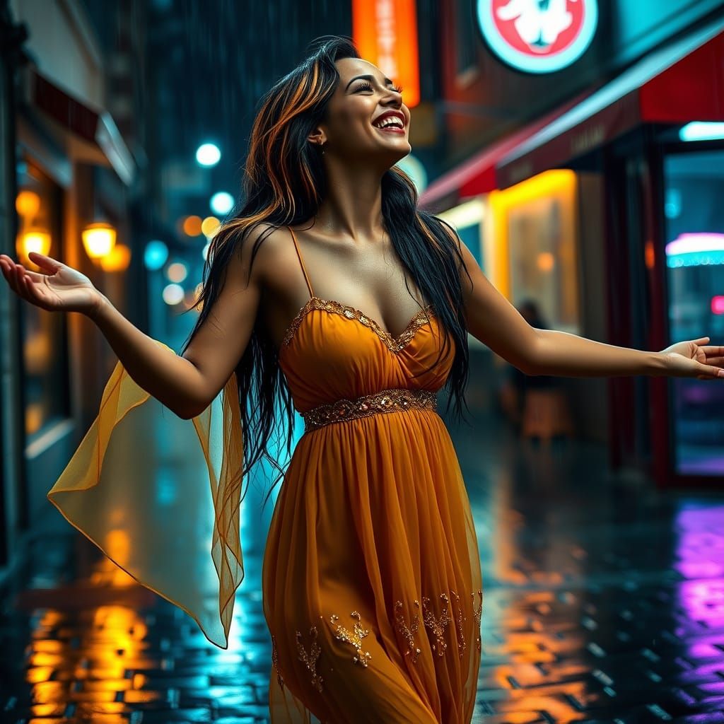 Latina Woman Laughing in Rainy Alleyway at Night