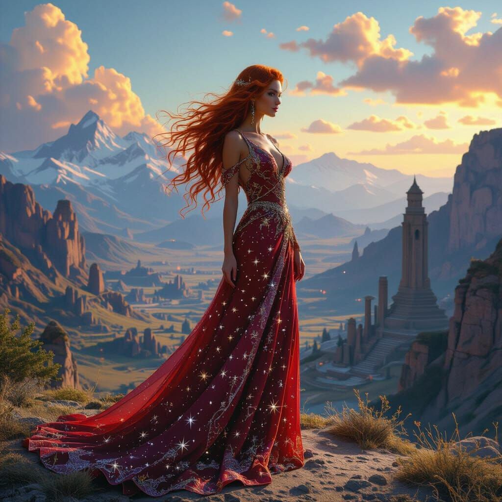 Crimson Haired Woman in Starlight Gown
