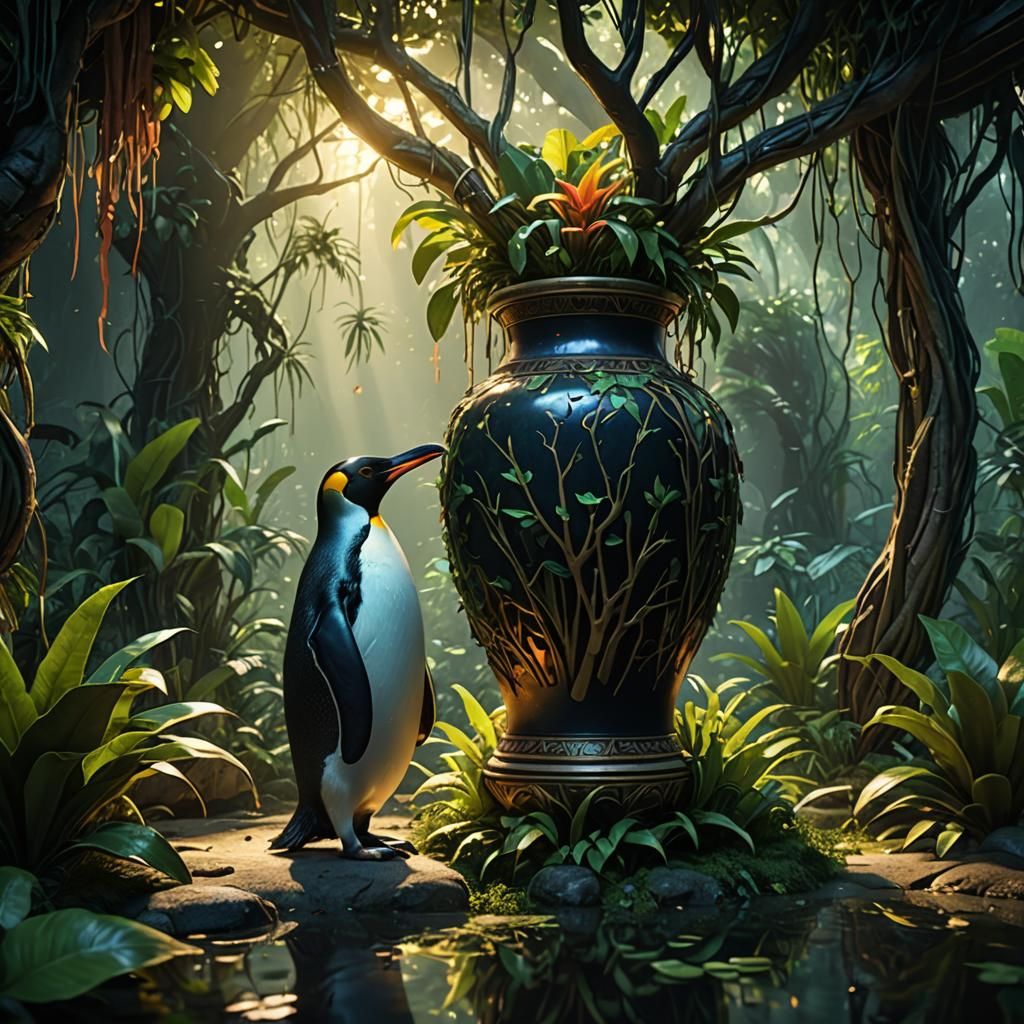 Ming Vase and Penguin in Jungle Concept Art