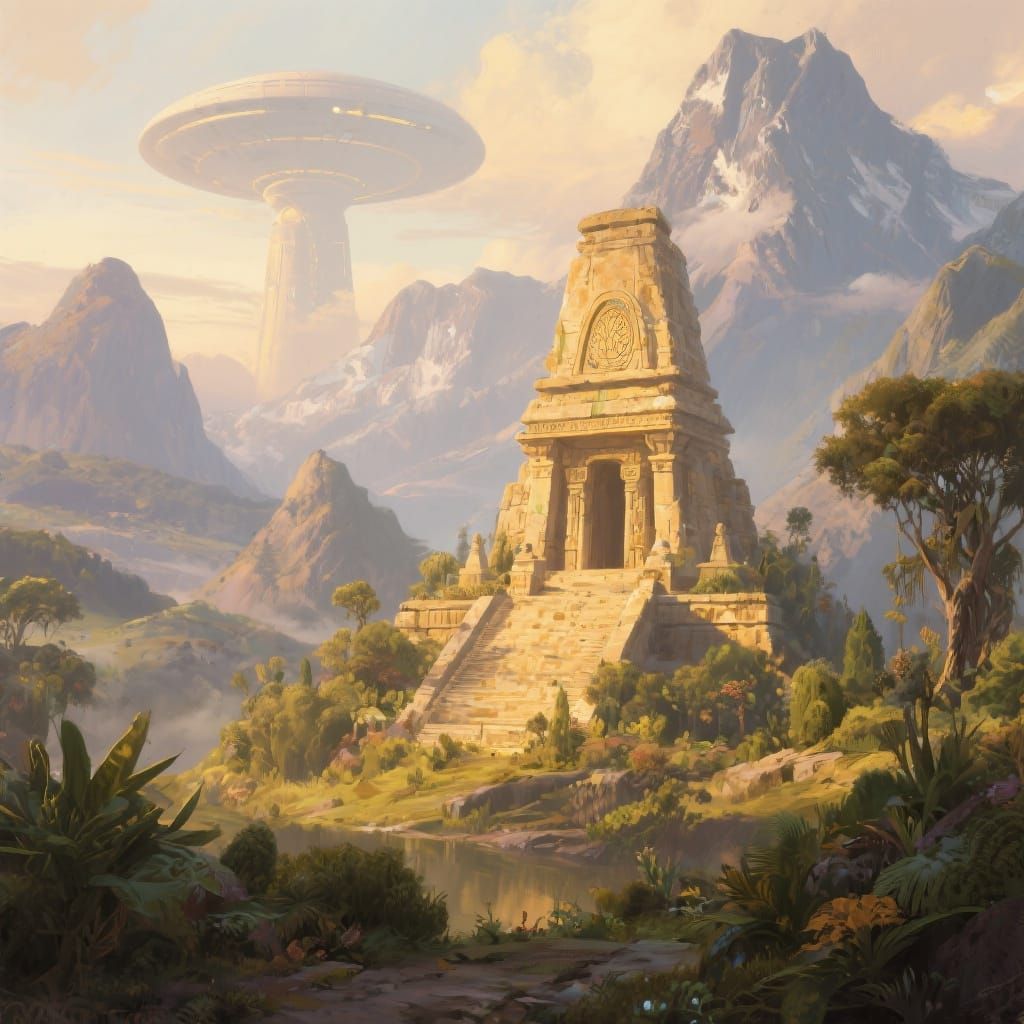 Ancient Alien Temple in Golden Light, Painterly Style