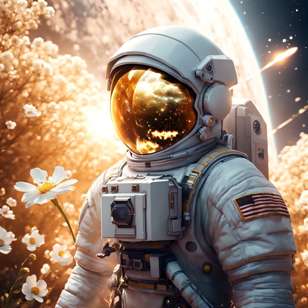 Astronaut Holds White Flower Amidst Space War