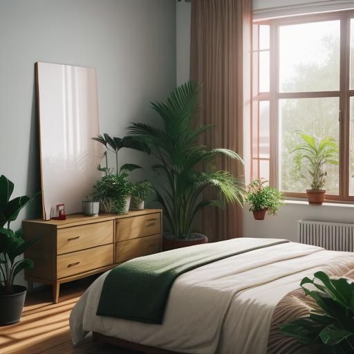 Light Red Bedroom with Plants: Professional Photography