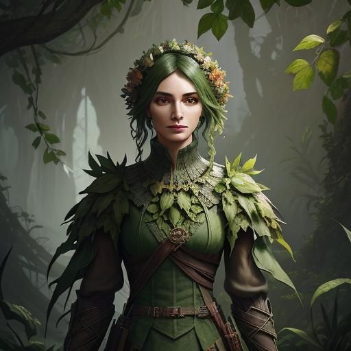 Costume with a with a green and earthy tone color scheme, in...