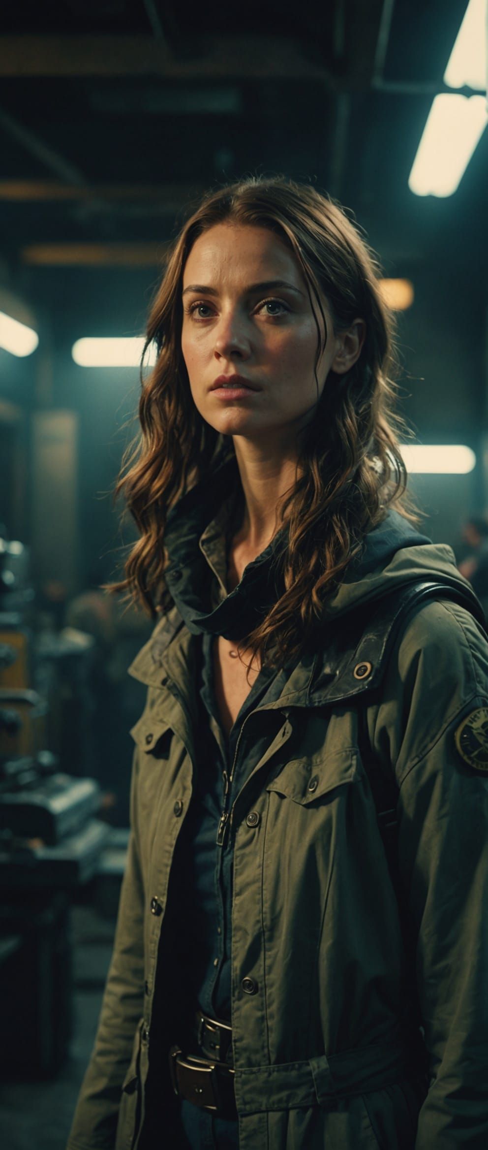 Dramatic Film Still of a Female Time Traveler