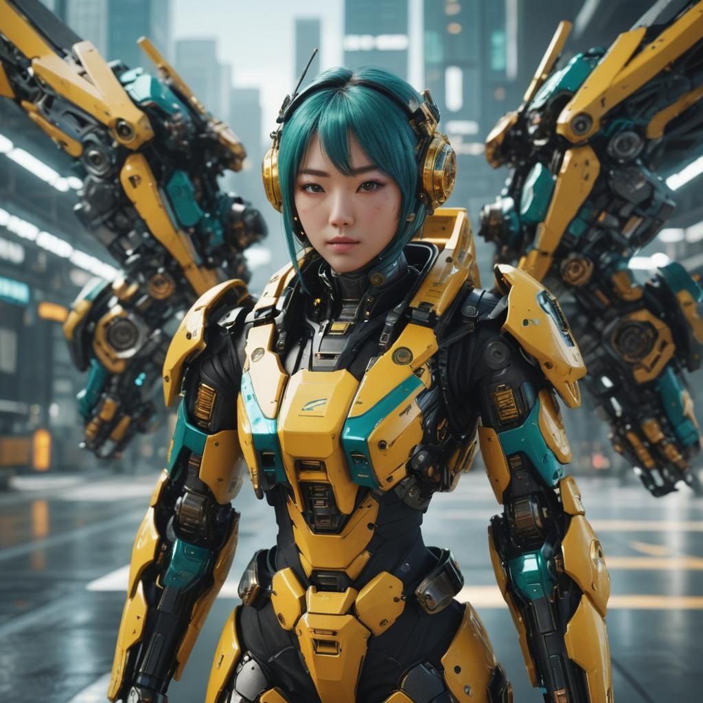 Japanese Girl in Futuristic Mech Suit with Wings