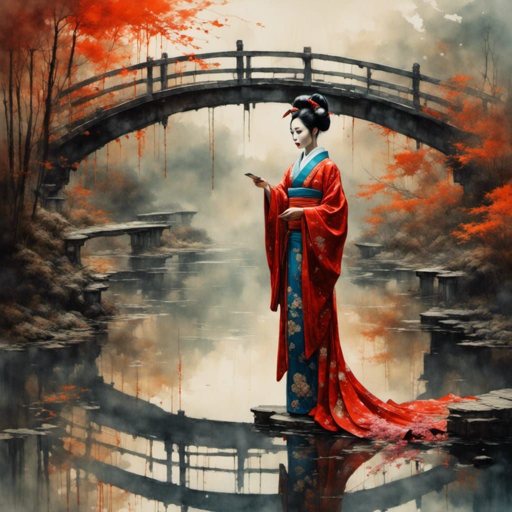 Android Geisha Reflects in Pond