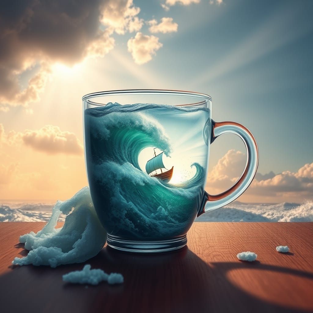Ocean Tempest in Glass Cup: Hyperdetailed 8K