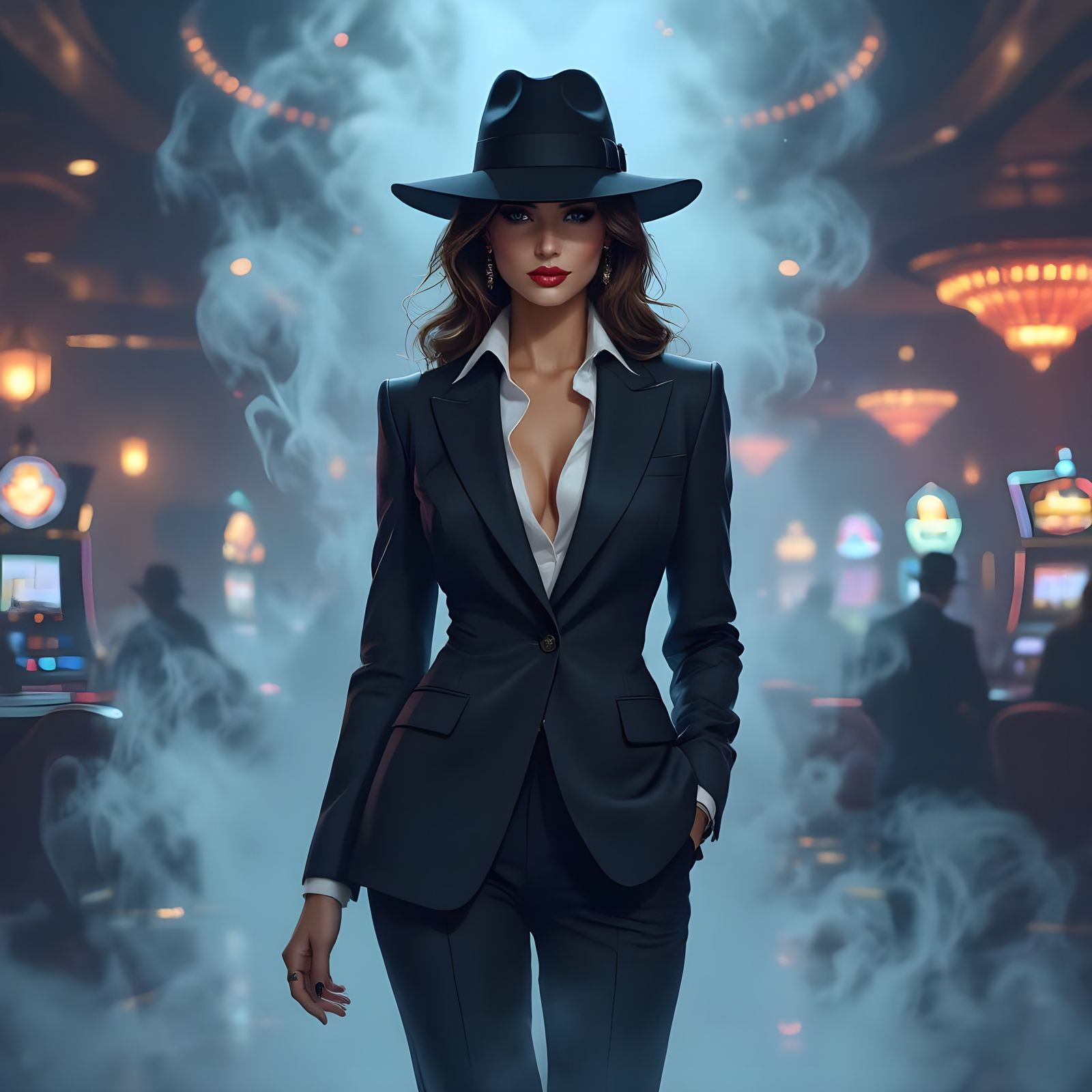 Glamorous Femme Fatale in Smoky Casino, Digital Art