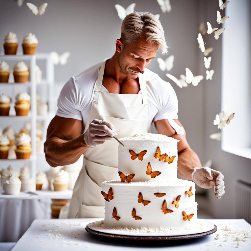 Bodybuilder Chef Surrounded by Butterflies