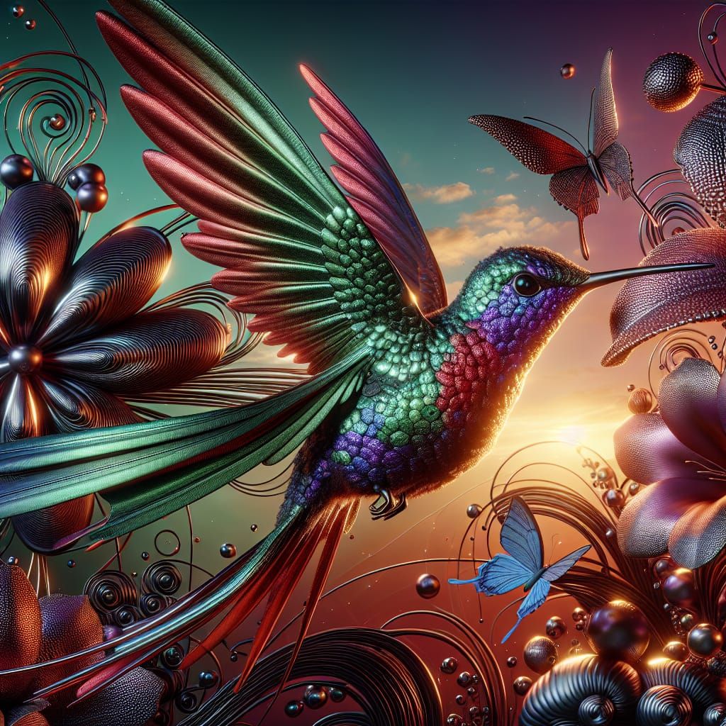 Metallic Hummingbird with Ornate Flower, Hyperrealistic Conc...