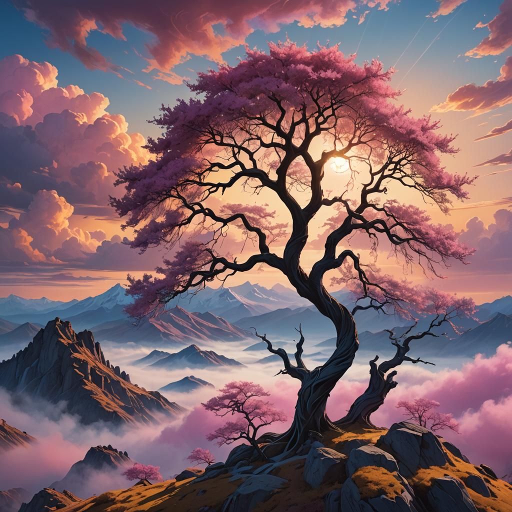 Mystical Willow Tree on Mountain Peak