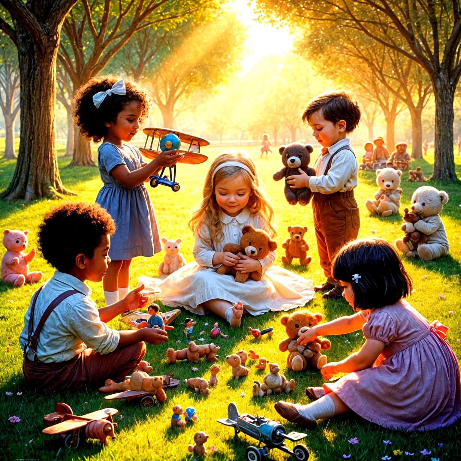 Children Sharing Toys in Sunlit Park