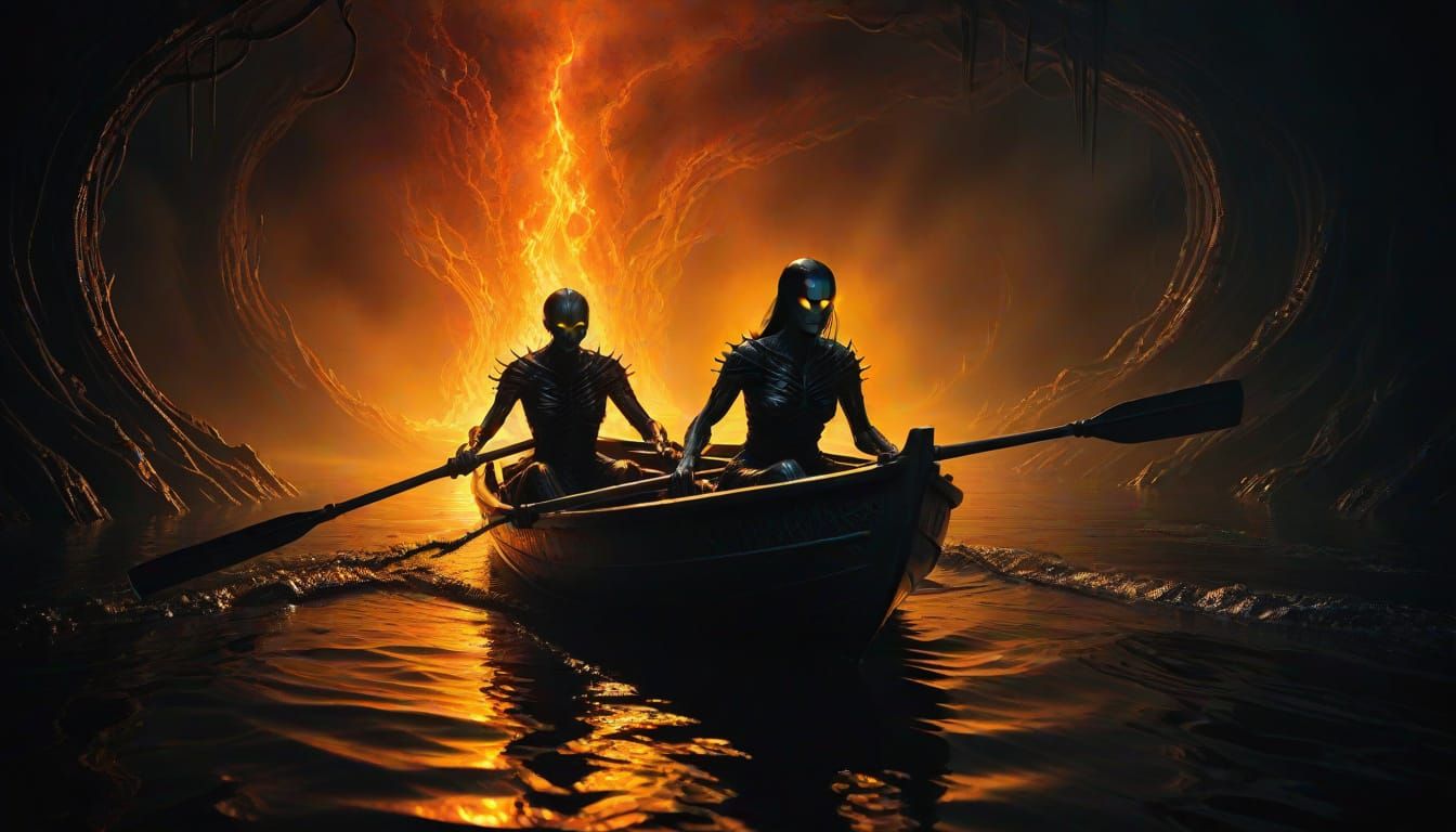 Rowers Navigate Ominous Waters in a Dark Mystical Scene