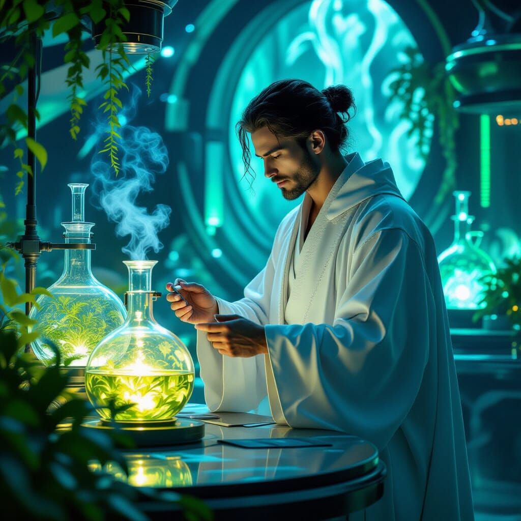 Futuristic Herbalist in Bioluminescent Grotto, in Biopunk St...