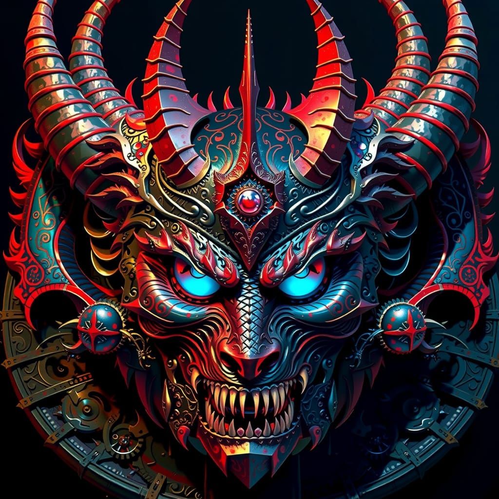 A w44p3n of a blue and red silver demon in front of a black ...