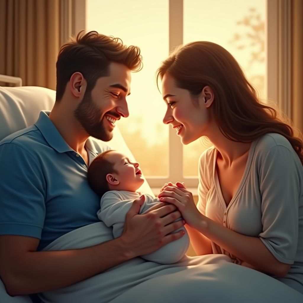 Joyful Father Embraces Newborn Son: Hyper-Realistic Matte Pa...