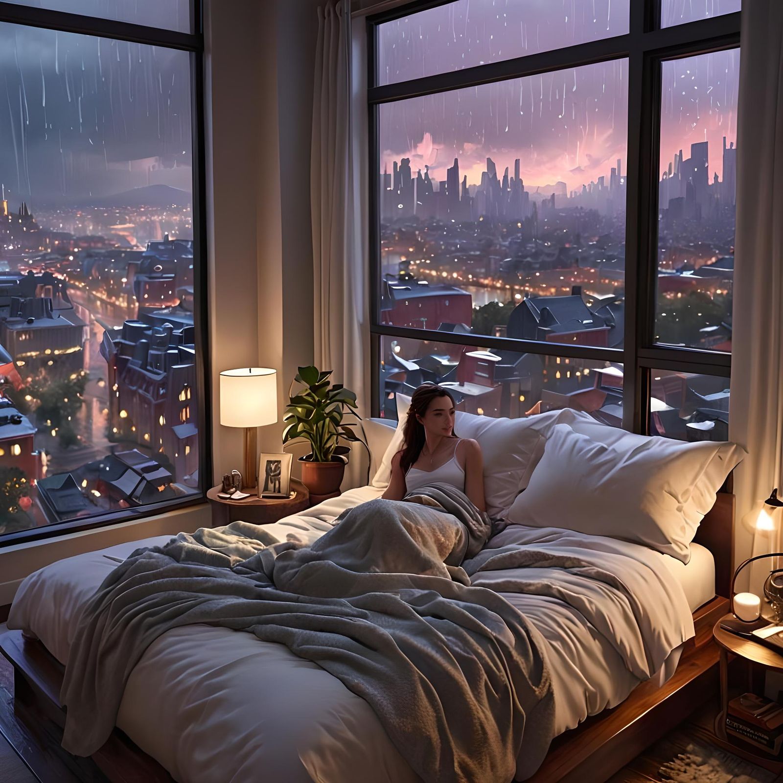 Cozy Rainy Night Bedroom in Digital Art Style