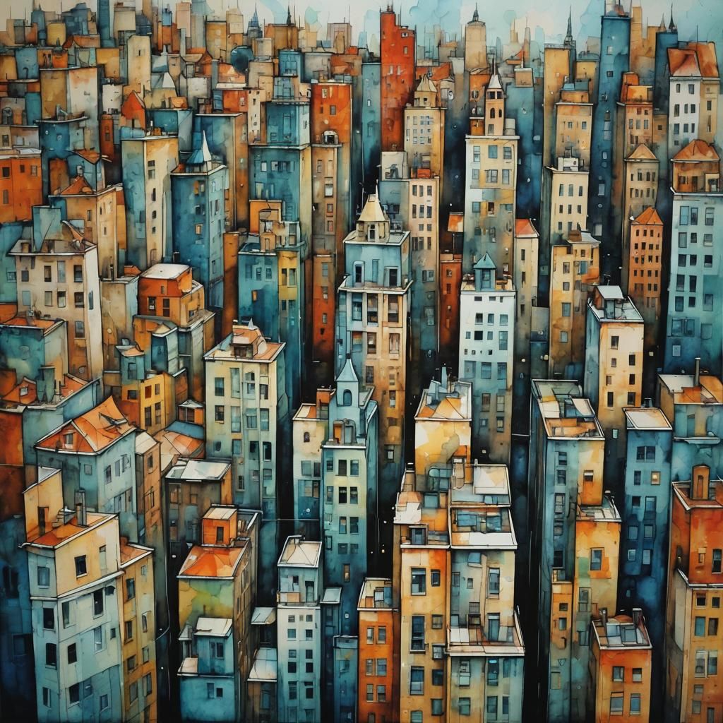 Cityscape in Alcohol Ink and Cubist Style