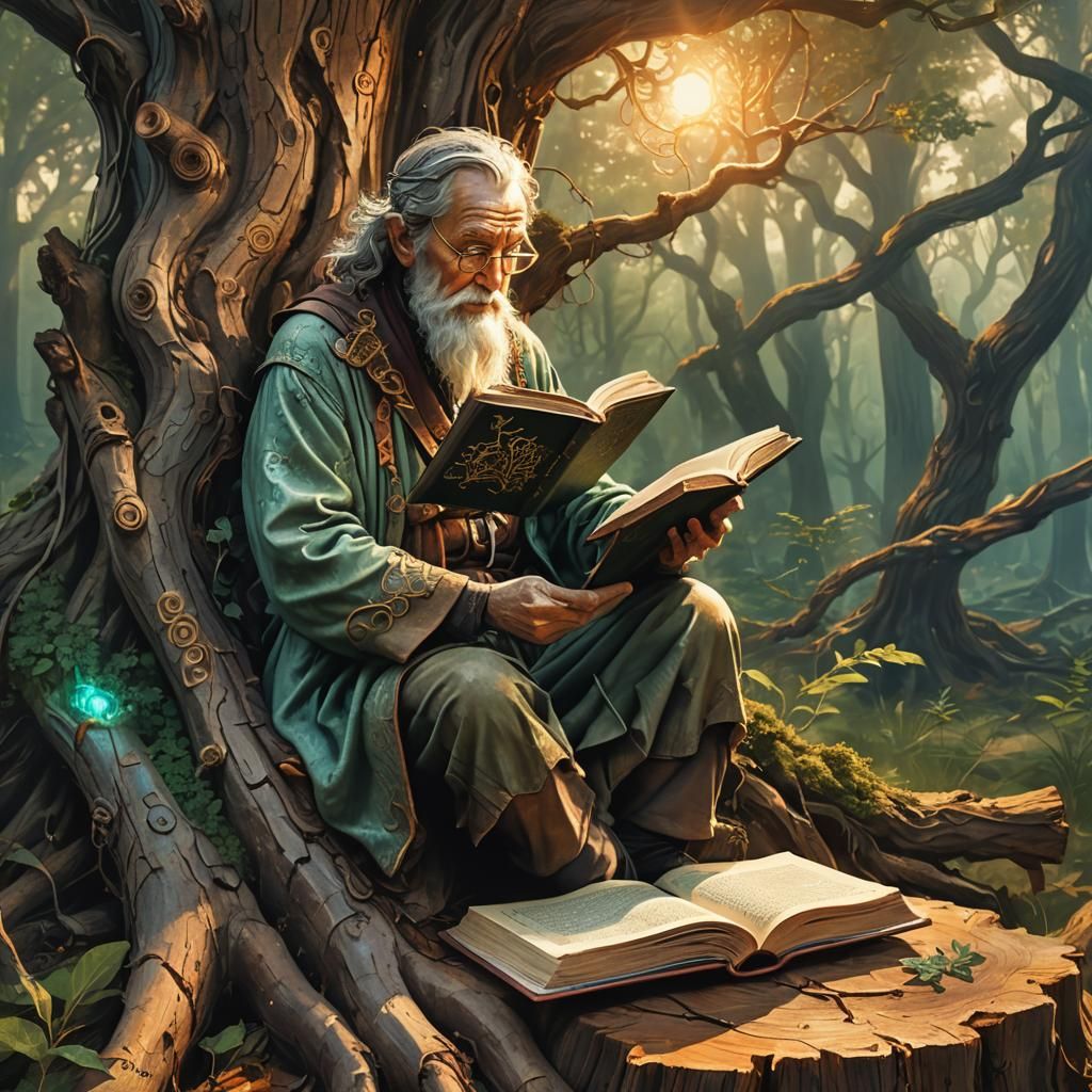 Sage Writing in Mystical Forest: Metallic Splash Art