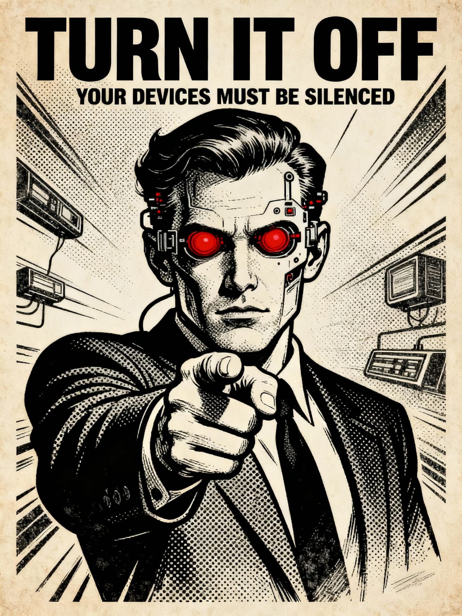 Man with Red Robotic Eyes Demands "Turn It Off" in Retro Pos...