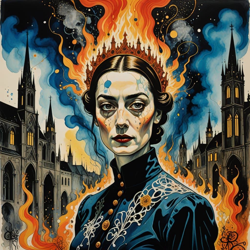Trickster Woman in Burning Cathedral, Surreal Futurism Art