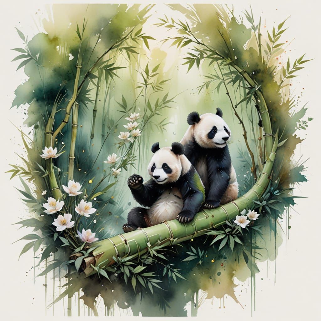 Panda in Mystical Bamboo Grove with Flowing Watercolor