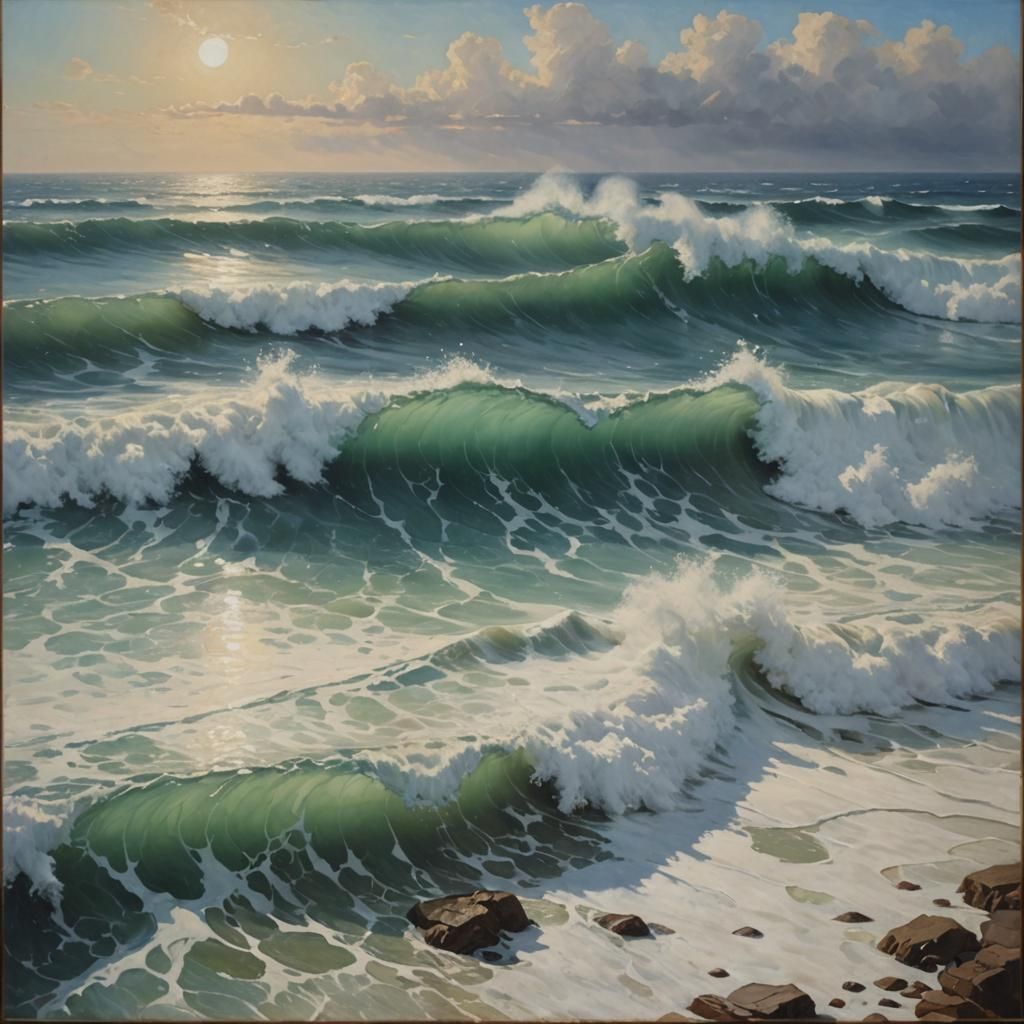 Dramatic Wave in Unfathomable White Sea: Oil Painting