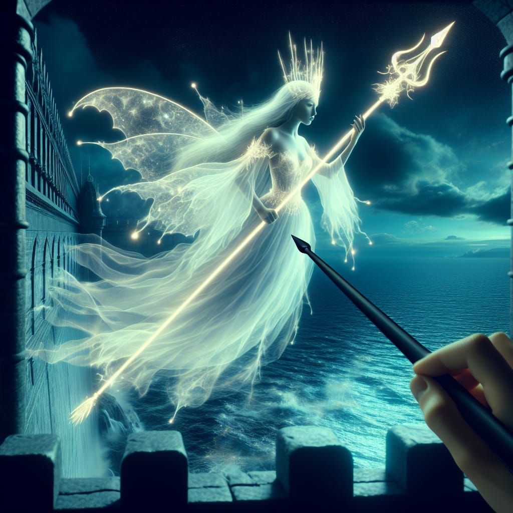 Ghostly Apparition on Castle Ramparts Under Moonlight