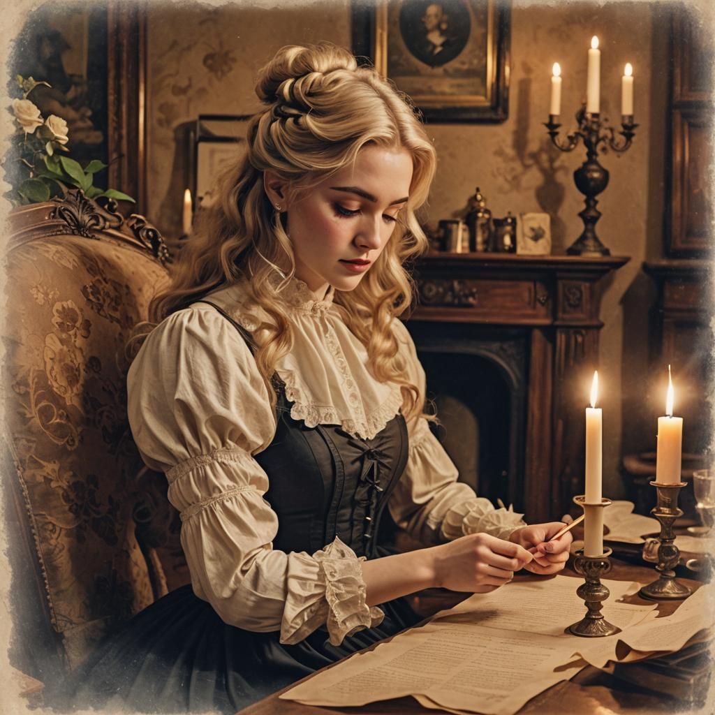 Girl Reads Love Letter in Victorian Room