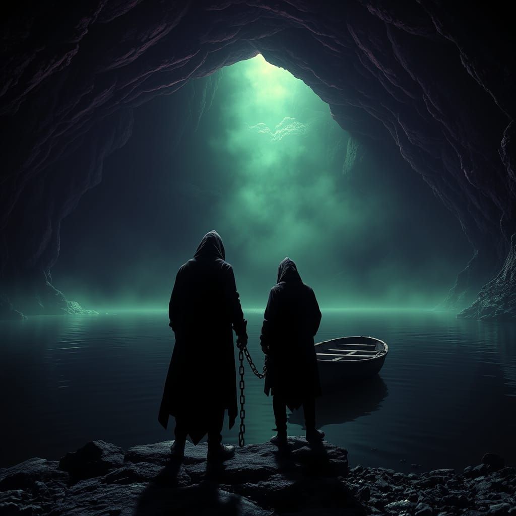 Dark Fantasy Scene with Hooded Figures and Mysterious Lake