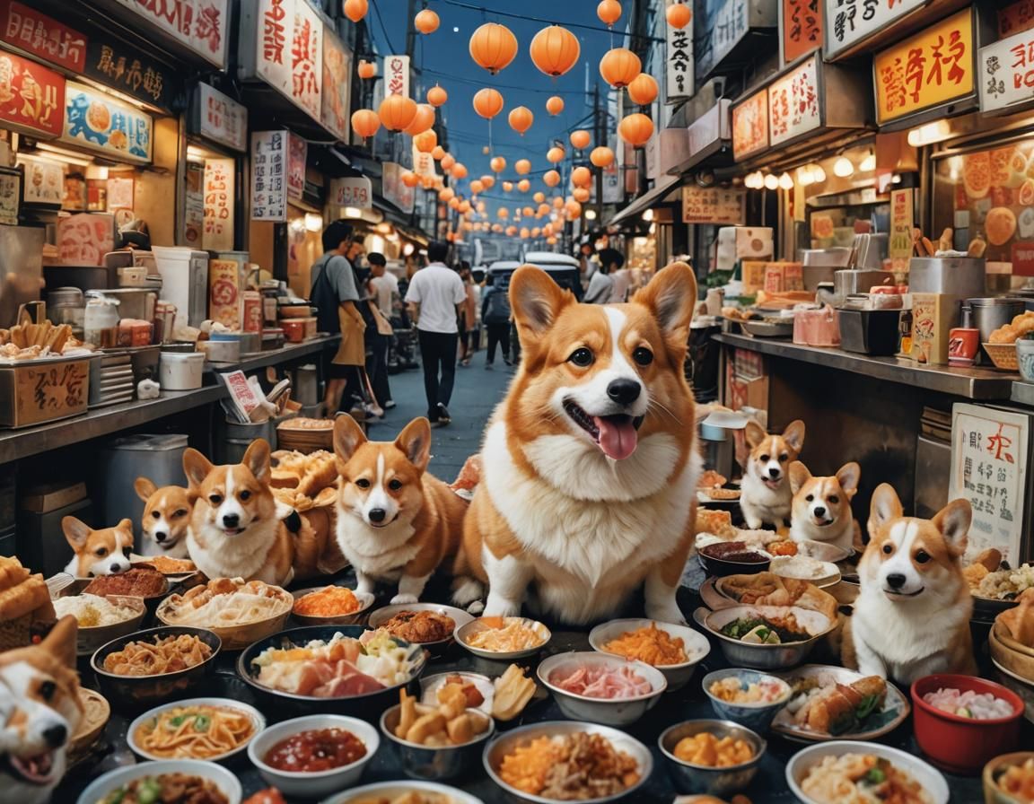 Corgi at Japanese Street Food Stall: Fantasy Portrait