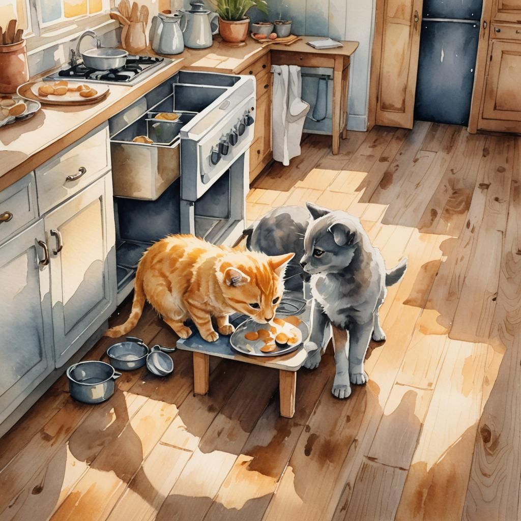 Whimsical Kitten and Puppy Watercolor Kitchen Scene