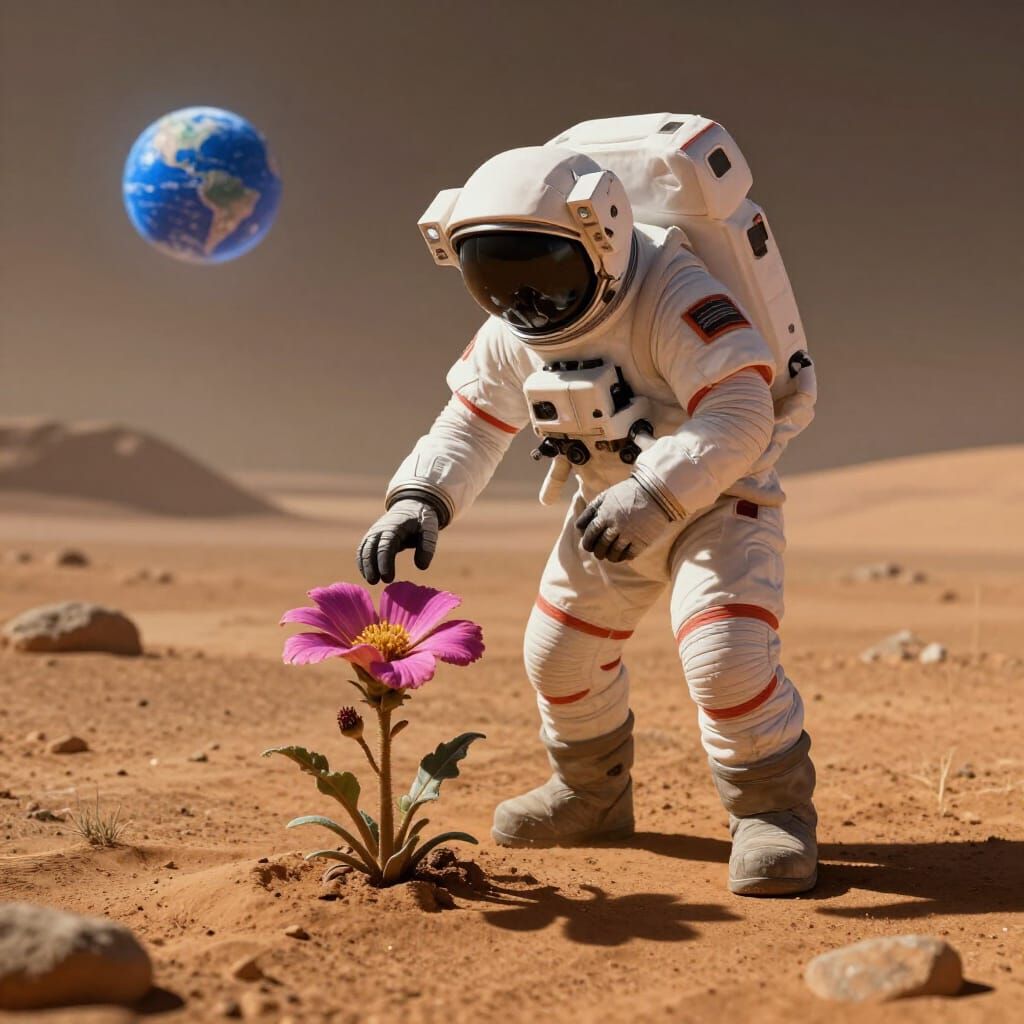 Astronaut Plants Alien Flower on Mars, Earth Visible