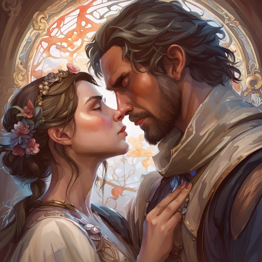Medieval Couple Kissing: Hyperdetailed Portrait