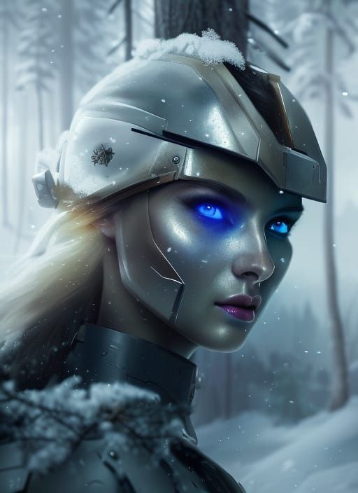 Futuristic Armored Woman in Winter Forest, Dynamic Lighting