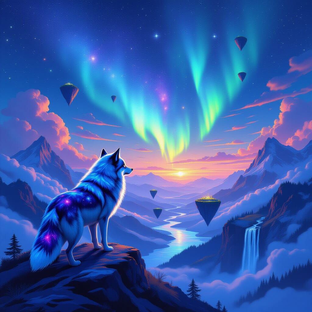 Celestial Wolf Overlooking Floating Islands