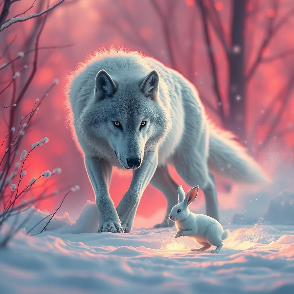 Majestic Snow-White Wolf Engages in Frozen Ballet with Swift...
