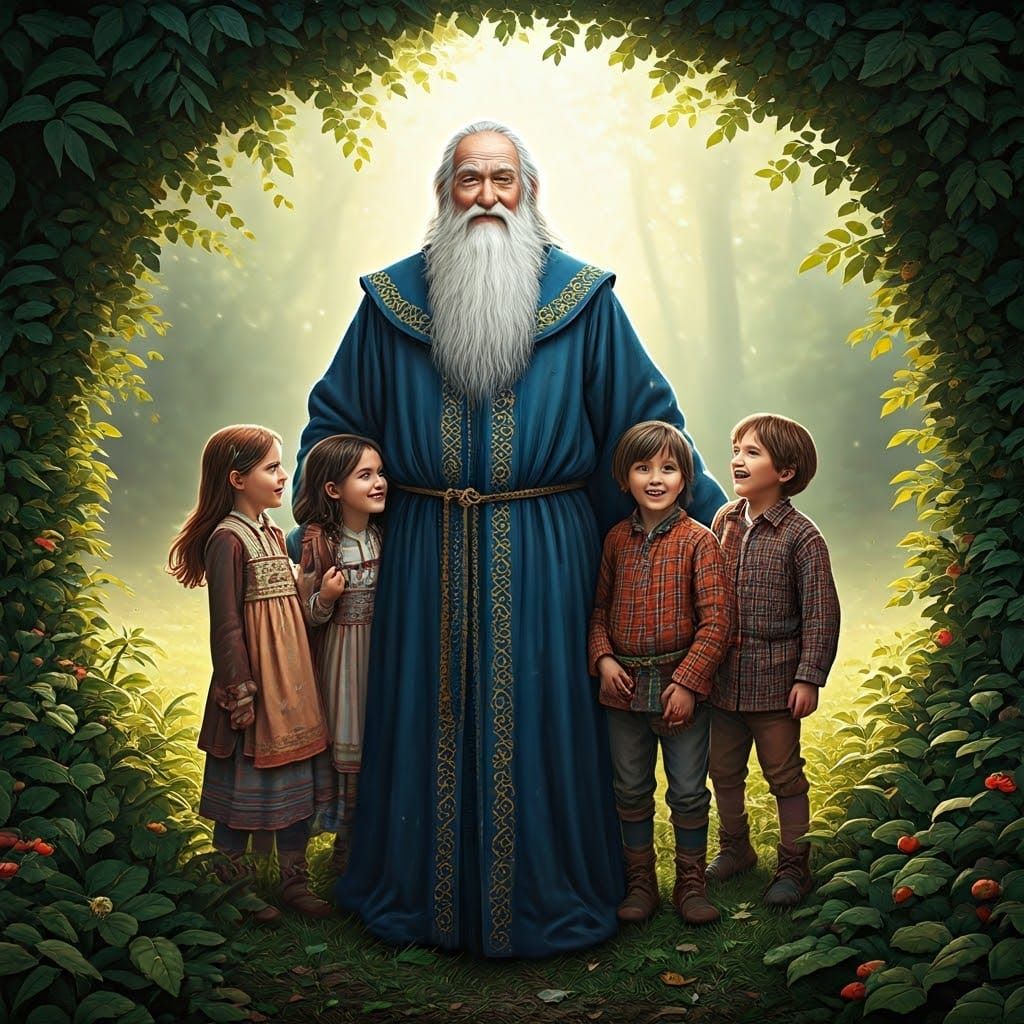 Wizard and Children in Enchanted Forest