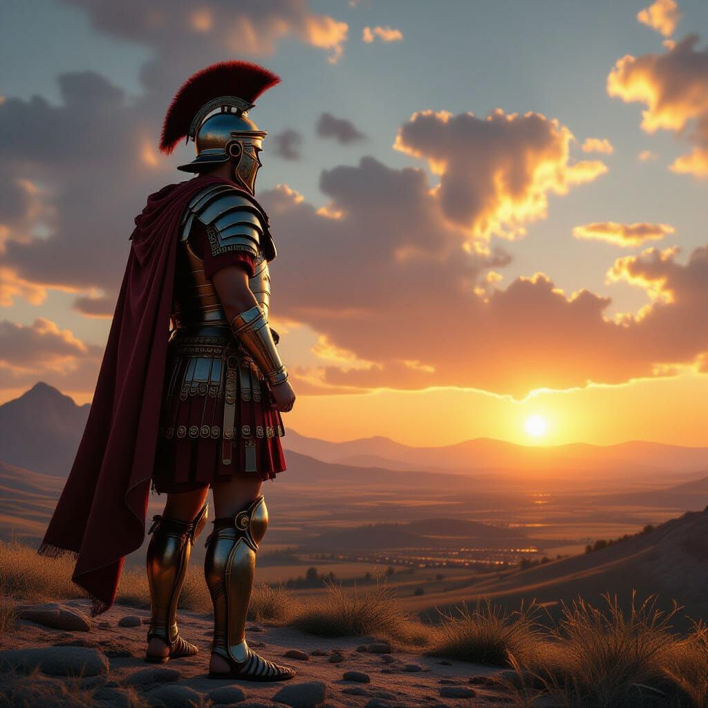 Roman Centurion at Sunset Over Ancient Battlefield