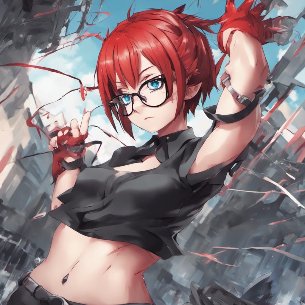 Anime Demon Girl with Red Hair and Glasses