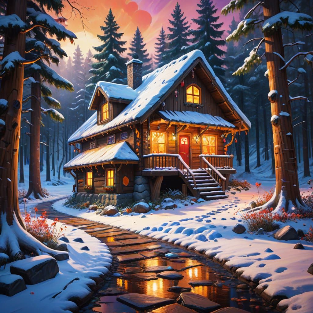 Colorful Street Art: Wooden House in Winter Wonderland
