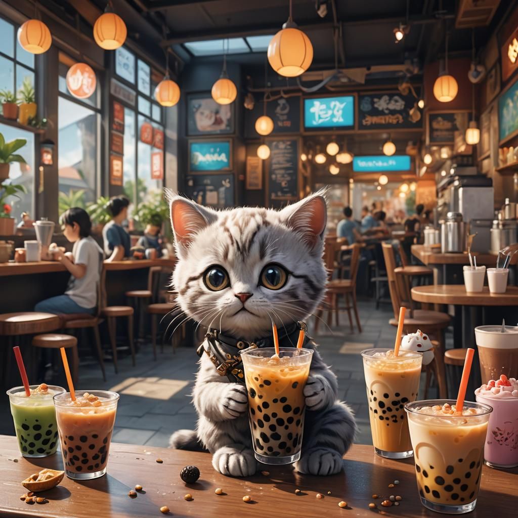 Cute Kitten Enjoys Boba Tea: Digital Matte Painting