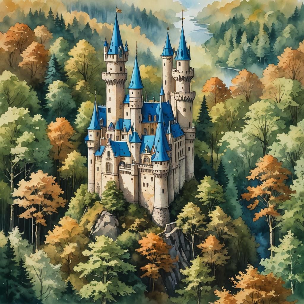 Brown-White Castle Tower in Modern Ink Painting