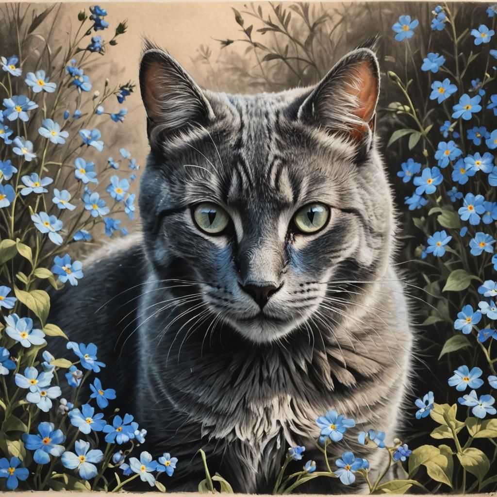 Grey-Blue Cat in Forget-Me-Nots: Charcoal Drawing