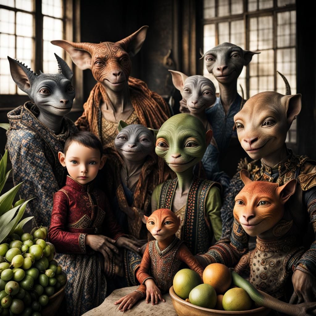 Surreal Alien Celebration in Gritty Restaurant, Hyperreal Ph...