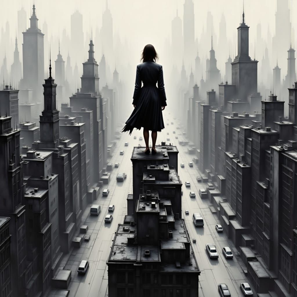 Cyborg Woman Overlooks City Abyss in Isolation